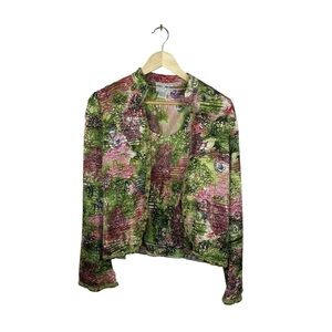 VTG Alberto Makali Embellished Crinkle Plisse 2 Piece Jacket Set Pink Green M